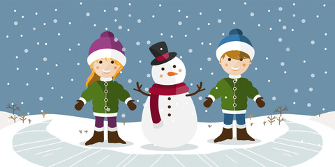 Un niño y una niña con un muñeco de nieve sobre un paisaje nevado