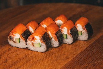 sushi set on a wooden tray