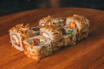sushi set on a wooden tray