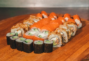 sushi set on a wooden tray