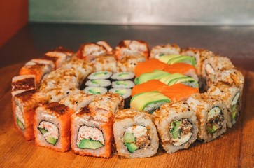 sushi set on a wooden tray