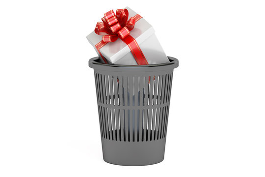 Trash bin with gift box, 3D rendering