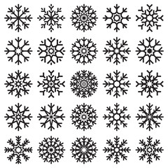 Vector snowflakes set on white background, winter icons silhouette, 25 ice stars, vector elements for your Christmas and New Year holiday design projects