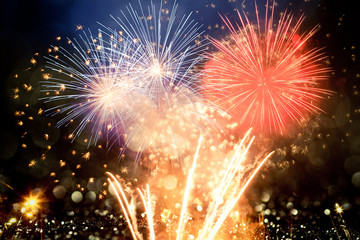 Fototapeta premium Fireworks at New Year and copy space
