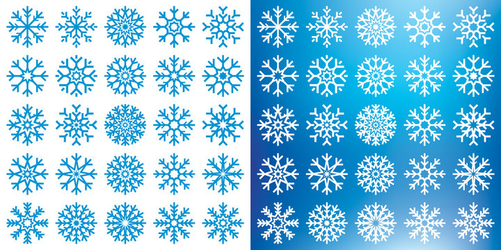 Vector snowflakes mega set on white and blue background, winter icons silhouette, 25 ice stars, vector elements for your Christmas and New Year holiday design projects