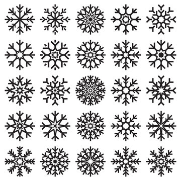 Vector snowflakes set on white background, winter icons silhouette, 25 ice stars, vector elements for your Christmas and New Year holiday design projects