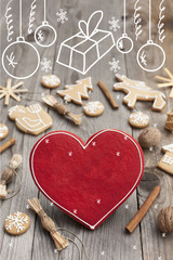 Christmas heart shaped gingerbread background. Winter holidays atmosphere. Snoflakes. Hand drawn ribbon for copy.Perfect for greeting cards, flyers, etc.Space for copy