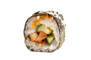 Japanese roll rice, nori, cucumber, eel sauce. Close-up on white