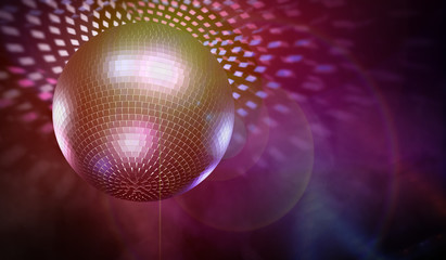 Shiny disco ball and light reflections in background. 3D rendered illustration.