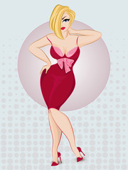 Beautiful pin-up sexy woman wearing red dress. Pop art blonde girl vector with dots background - 129370104