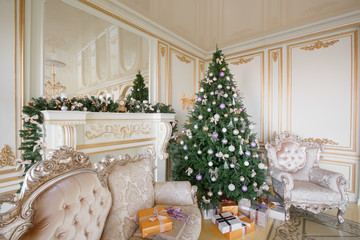 Calm image of interior Classic New Year Tree decorated in a room with fireplace