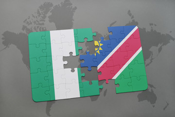 puzzle with the national flag of nigeria and namibia on a world map