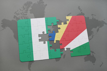 puzzle with the national flag of nigeria and seychelles on a world map