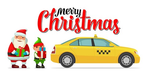 Santa Claus, elf and taxi with shadow and boxes. © MoreVector