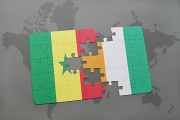 puzzle with the national flag of senegal and cote divoire on a world map