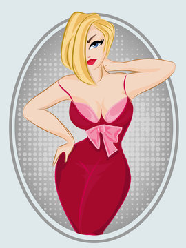 Beautiful pin-up sexy woman wearing red dress. Pop art blonde girl vector with dots background