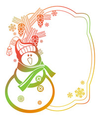 Gradient frame with funny snowman, holly berries and pine cones silhouettes. 