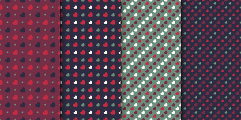 Set of 4 elegant seamless patterns with hearts. Romantic patterns for wedding invitations, greeting cards, print, gift wrap. Collection of regular surface pattern hearts in Christmas pallette.