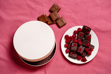 Chocolate candies and raspberry over pink background. Above.