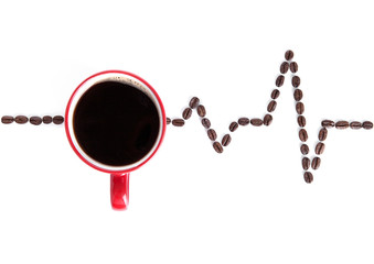 Red cup of coffee with heartbeat beans on white