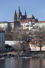 View on the winter Prague gothic Castle above River Vltava, Czech Republic