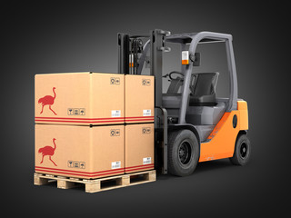 Forklift truck with boxes on pallet on black gradient background