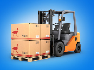Forklift truck with boxes on pallet on blue gradient background