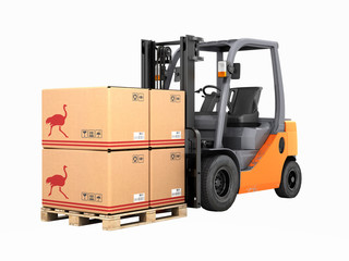 Forklift truck with boxes on pallet without shadow 3d