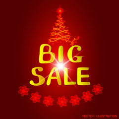 Fototapeta na wymiar Background big sale. Bright illustration in gold and red colors. Vectori illustration with snowflakes.