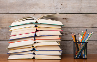 books on the wooden background
