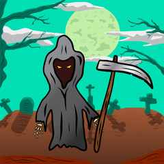 Cartoon grim reaper holding a scythe in a graveyard