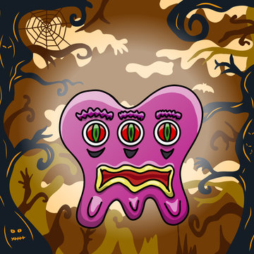 Cartoon of a funny monster in a spooky forest