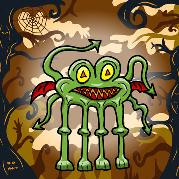 Cartoon of a funny monster in a spooky forest