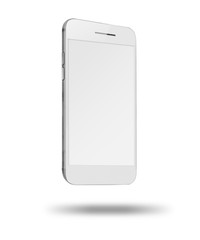Mobile smart phone with white screen isolated on white background. 3D illustration.