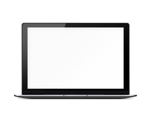 Modern glossy laptop with blank white screen and shadows isolated on white background. 3D illustration.
