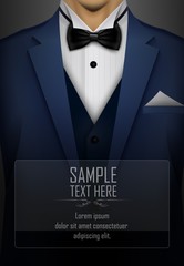 Blue tuxedo with black bow tie