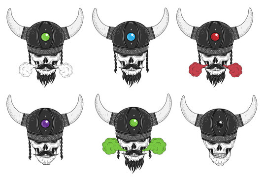 Set of 6 Viking Skulls. Vector Illustration