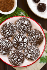 Chocolate crinkle cookies, traditional American Christmas cookies, photographed overhead with natural light