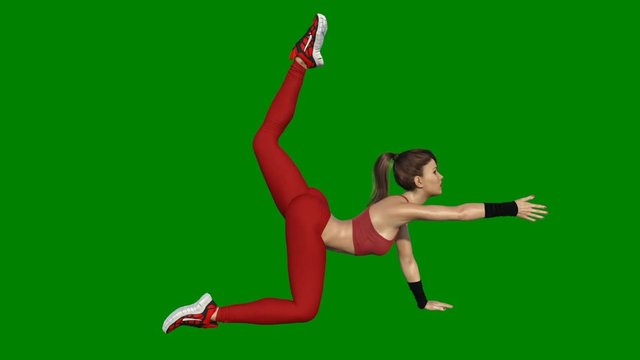 Fitness girl exercising yoga, athletic woman stretching out on green background, side view