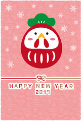 年賀状テンプレート　かわいい酉　赤い酉のだるま　ピンク