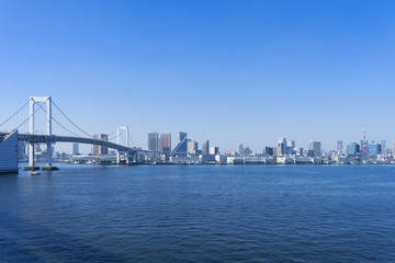 東京タワーとレインボーブリッジ　都心のビル群　快晴青空と東京湾の青い海　大空コピースペース