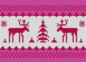 New year and Christmas 2017. Vector pattern with knitted winter ornaments and Christmas trees pink