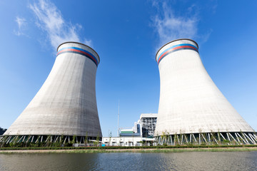 cooling tower with smoke in modern power plant