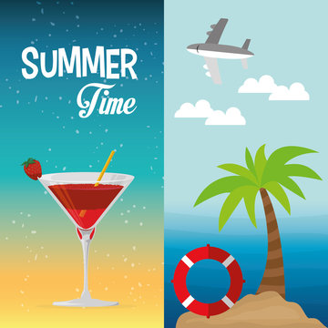 summer time cocktail palm beach lifebuoy banner vector illustration eps 10