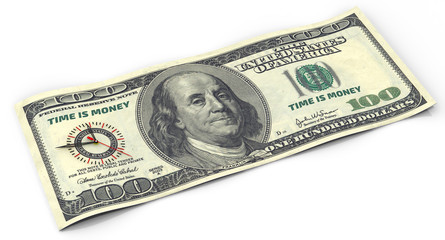 Time is money. The banknote of the American dollar with the clock and the inscription 