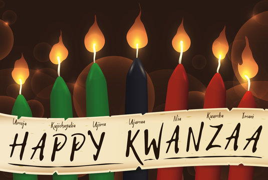 Candles of Kwanzaa with a Scroll with the Seven Principles, Vector Illustration