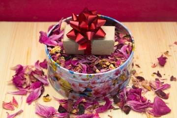 boxes with gifts with rose petals,concept for Valentines day, anniversary, romantic gift.
