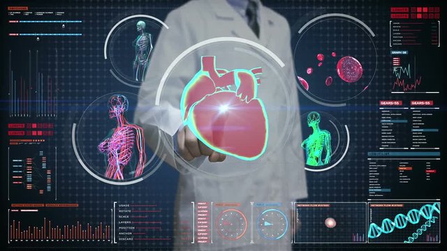 Doctor touching digital screen,  Female body scanning blood vessel, lymphatic, heart, circulatory system in digital display dashboard. Blue X-ray view. 