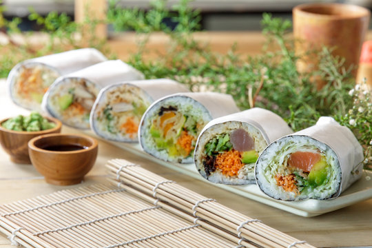 japanese sushi burrito roll served with wasabi