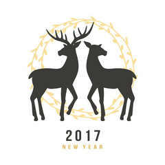 New Year 2017 greeting card with hand drawn deers